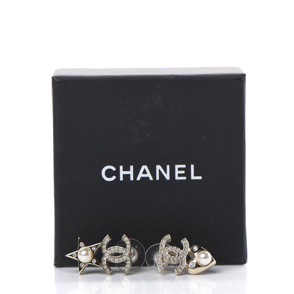 Chanel Crystal Pearl Charming Winter CC Star Heart Earrings Gold 6 of 6