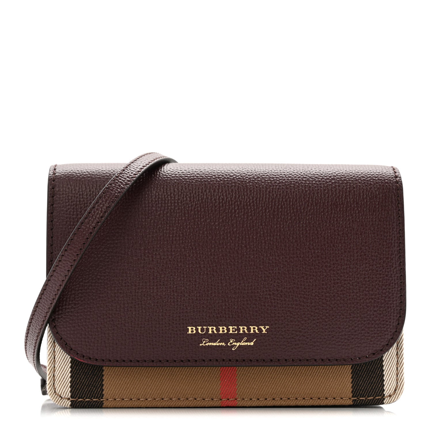 Burberry Grained Calfskin House Check Tartan Mix Hampshire Wallet On Chain Mahogany Red 1 of 9