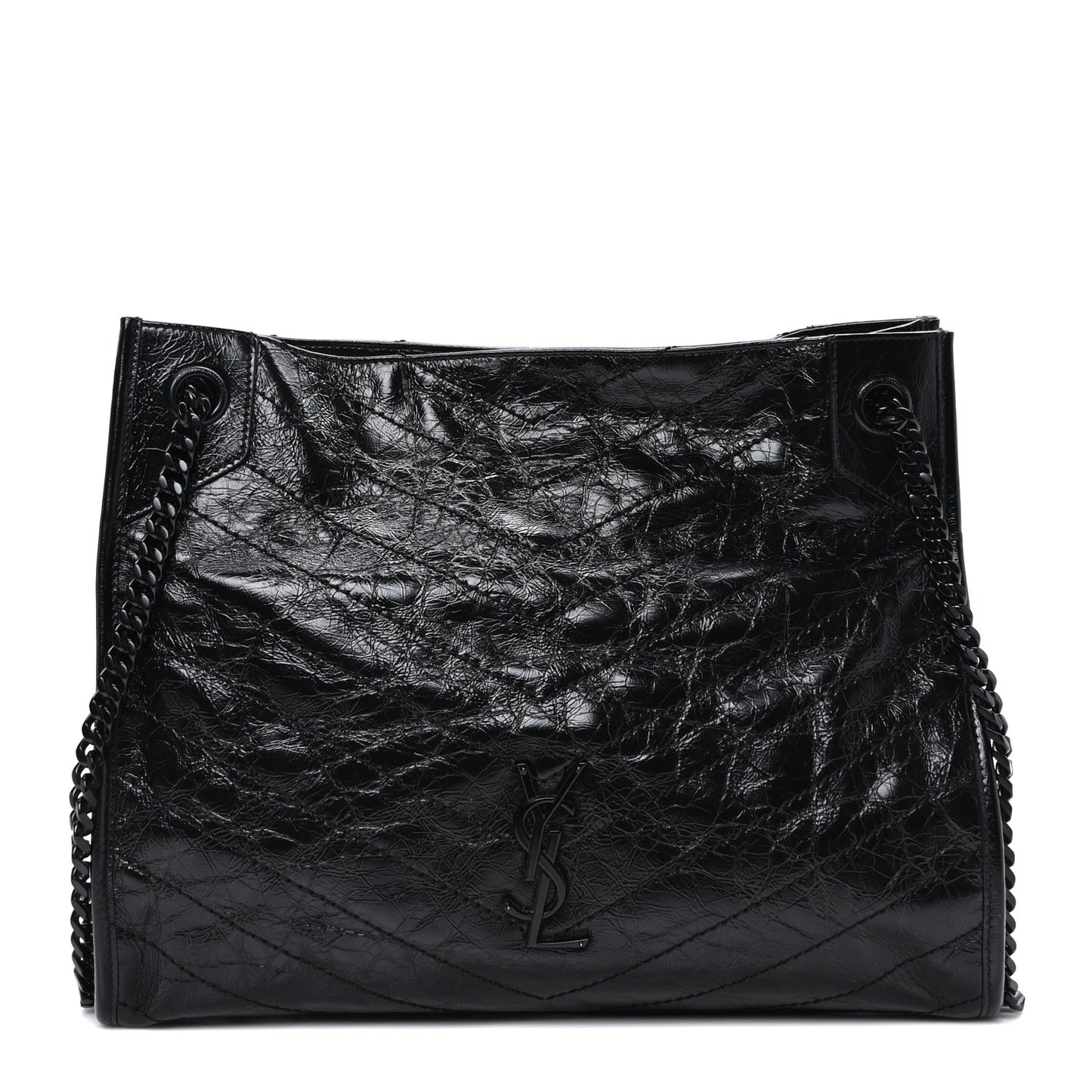 Crinkled Calfskin Matelasse Monogram Medium Niki Shopper Tote Black