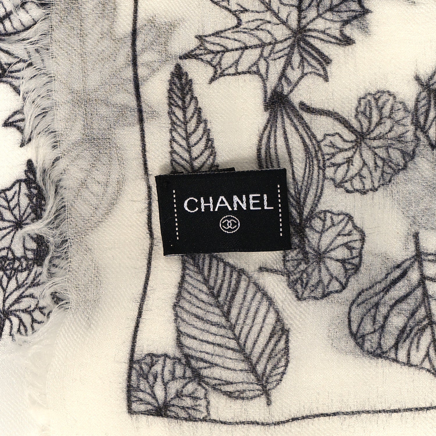 Chanel Cashmere CC Logo Leaves Scarf White Black 3 of 4
