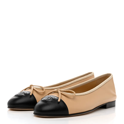 Chanel Lambskin Cap Toe CC Ballerina Flats 37.5 Beige Black 3 of 9