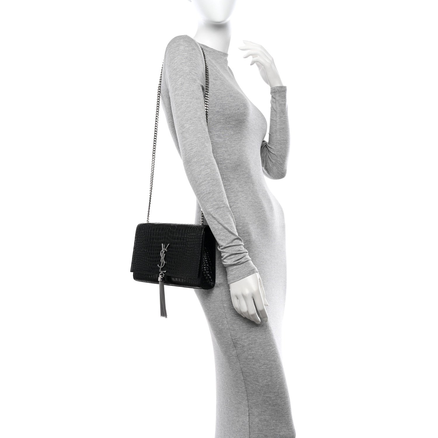 Saint Laurent Calfskin Crocodile Embossed Medium Classic Monogram Kate Tassel Satchel Black 2 of 12