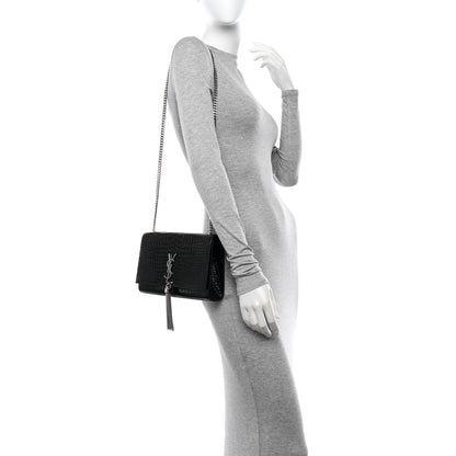 Saint Laurent Calfskin Crocodile Embossed Medium Classic Monogram Kate Tassel Satchel Black 2 of 12