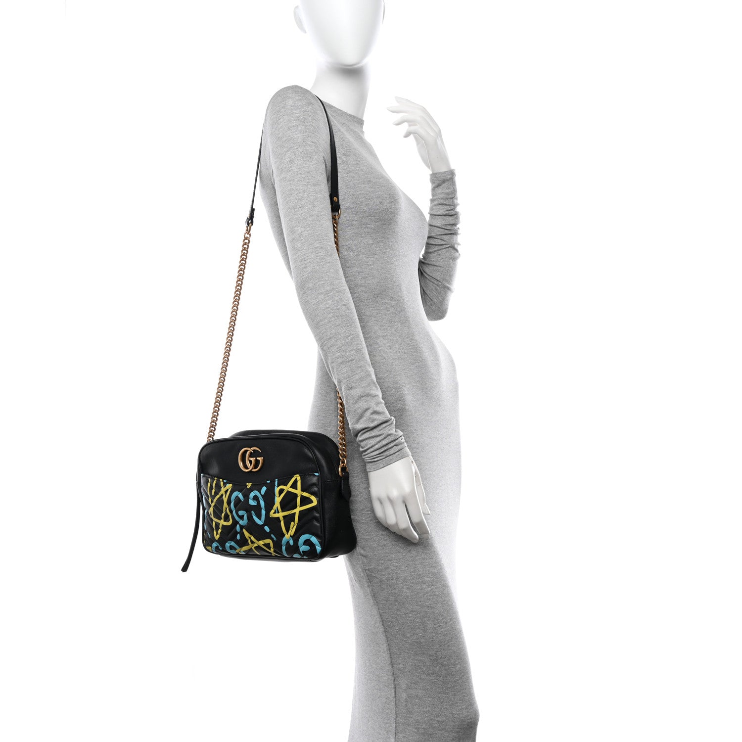 Gucci Calfskin Matelasse GucciGhost Medium GG Marmont Chain Shoulder Bag Black New Acquamarine 2 of 16