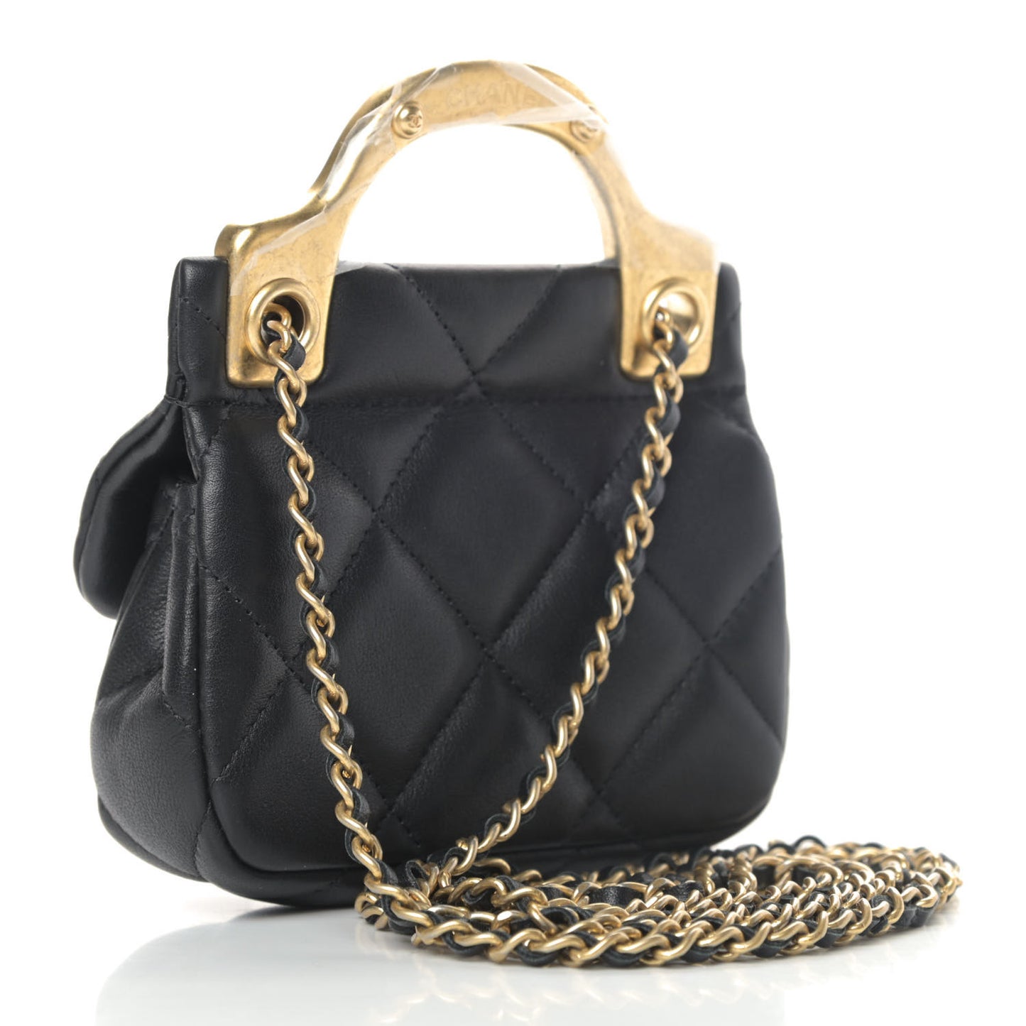 Calfskin Quilted Lady Handle Flap Card Holder With Chain Black