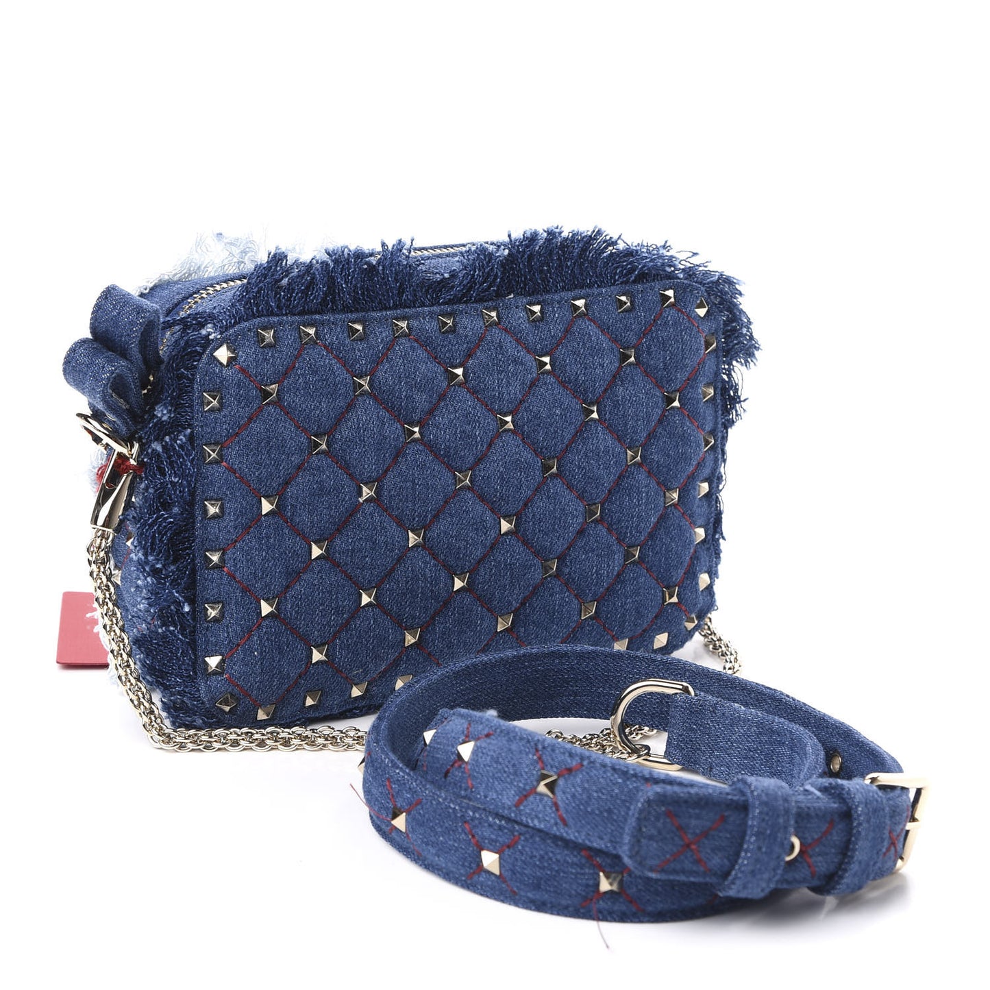 Denim Fringe Rockstud Spike Camera Crossbody Bag Blue