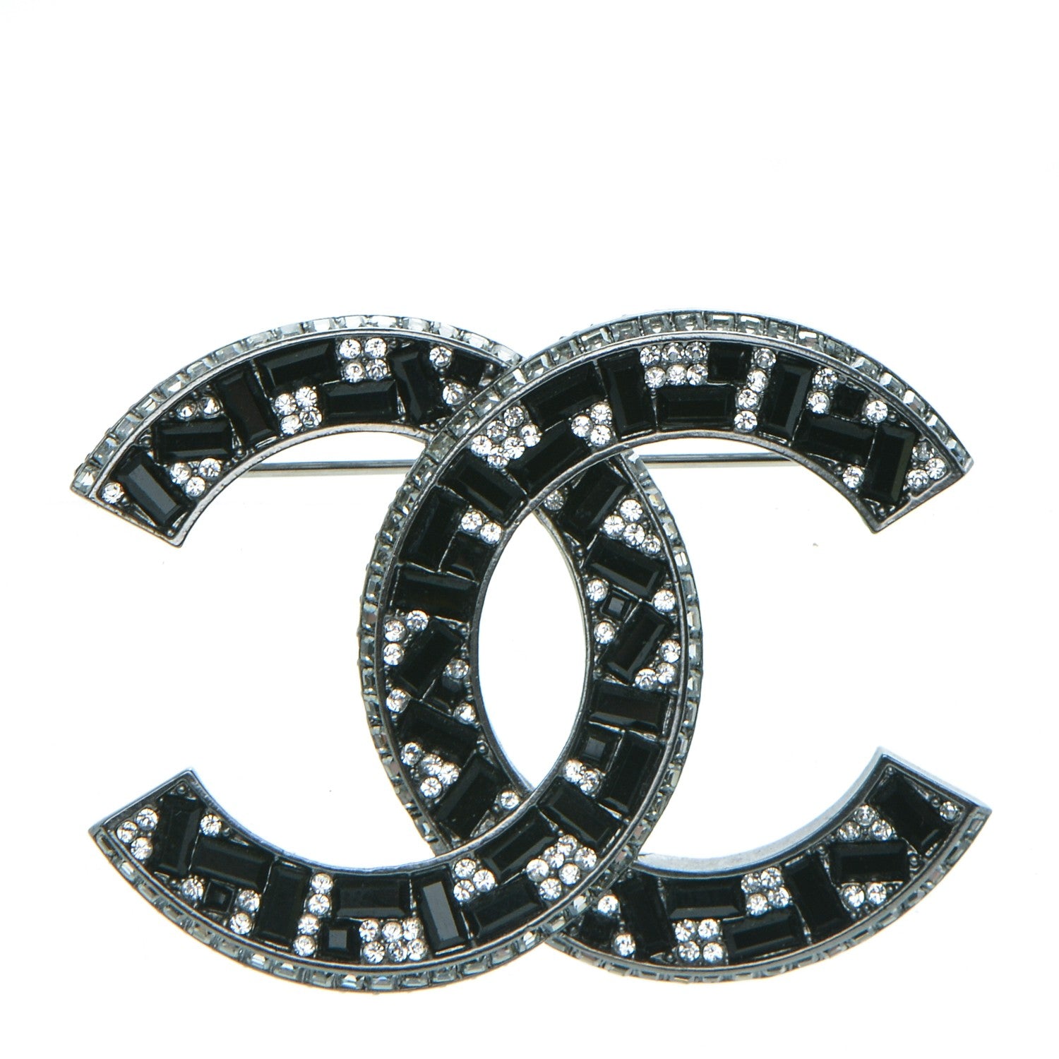 Chanel Baguette Crystal CC Brooch Silver Black 1 of 4