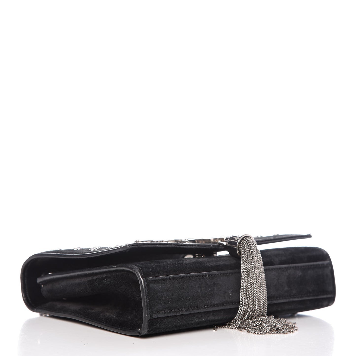 Suede Crystal Studded Small Classic Monogram Kate Tassel Satchel Black