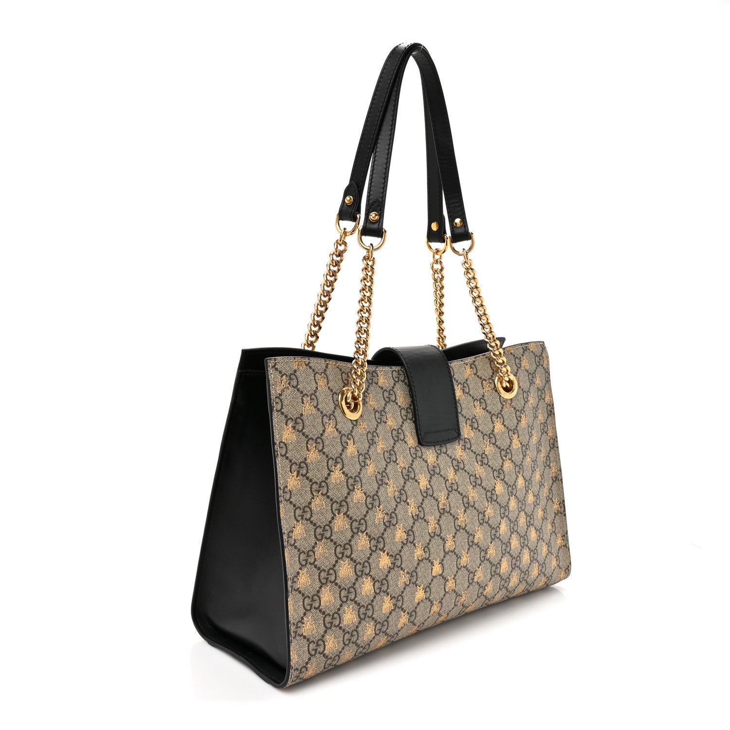 Gucci GG Supreme Monogram Bees Medium Padlock Tote Beige Oro Black 3 of 12