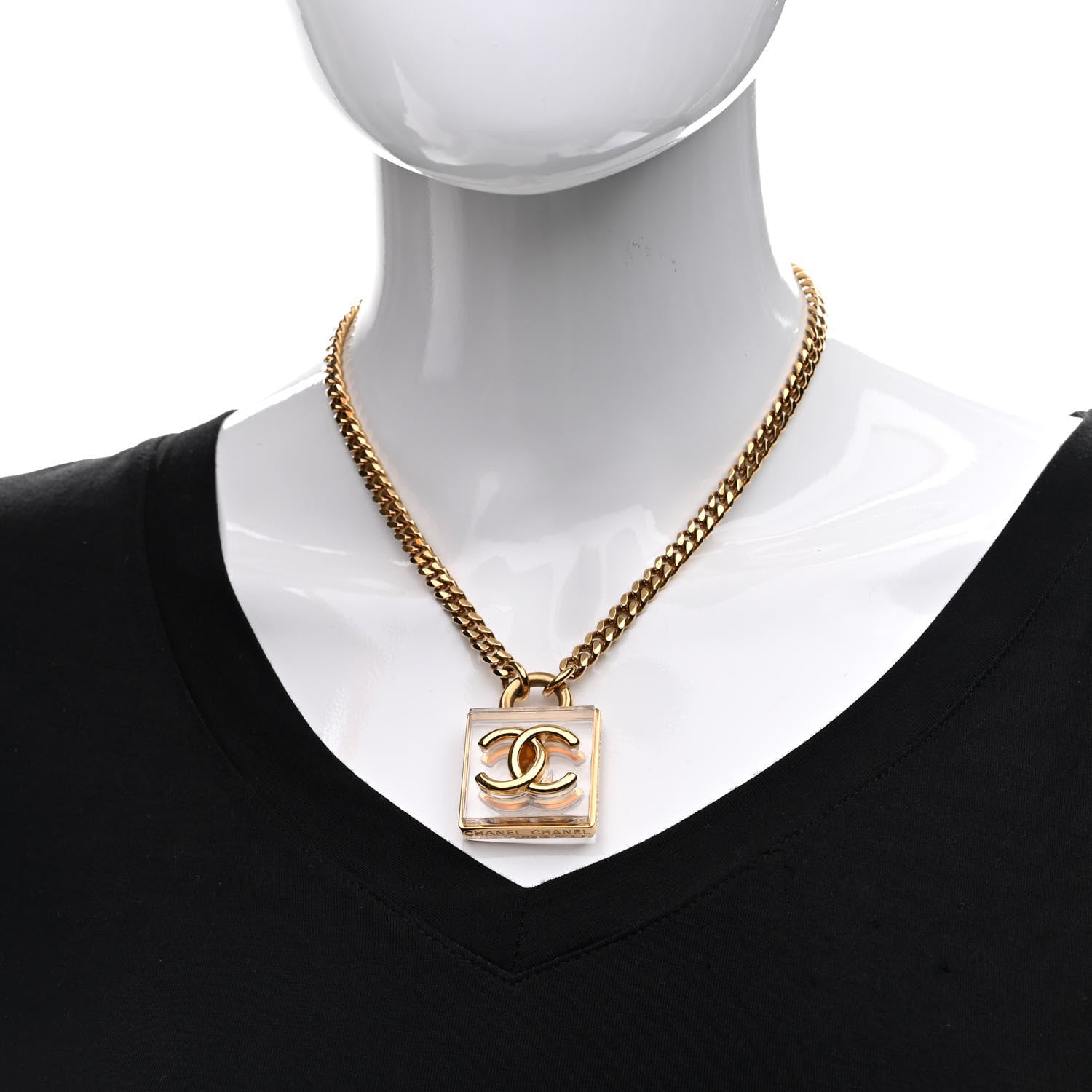 Chanel Metal Resin CC Square Necklace Gold Transparent 2 of 6