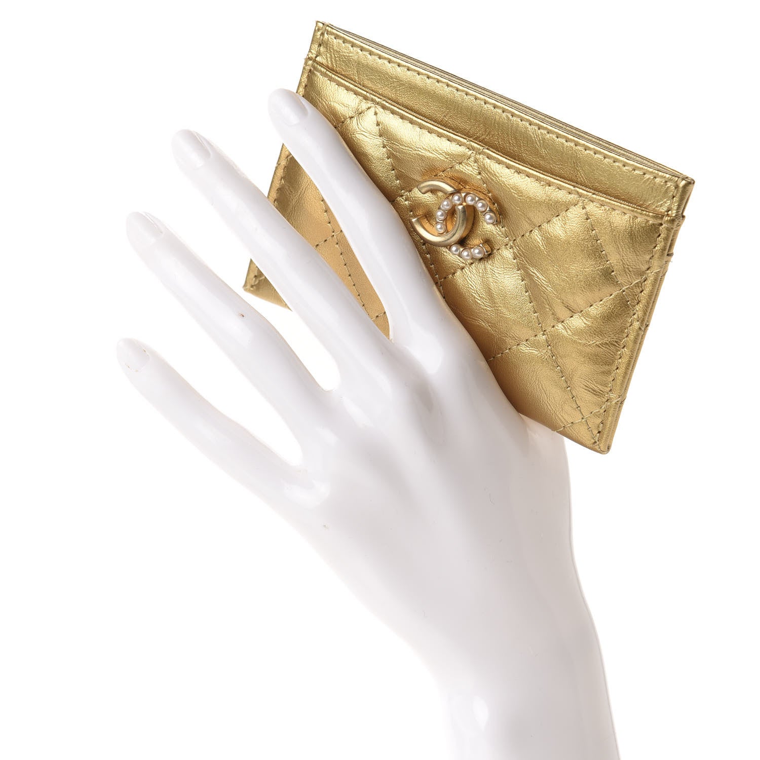 Chanel Aged Metallic Calfskin Pearl CC Quilted Card Holder Gold 2 of 9