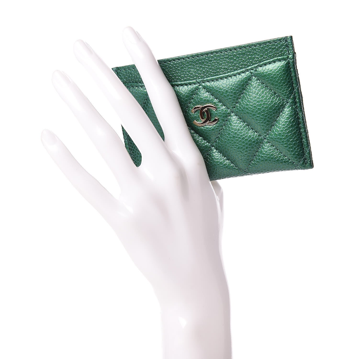 Chanel Metallic Caviar Quilted Card Holder Green 2 of 9