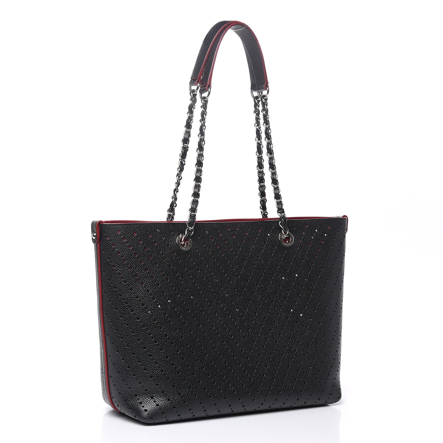 Perforated Grained Calfskin Large Shopping Tote Black