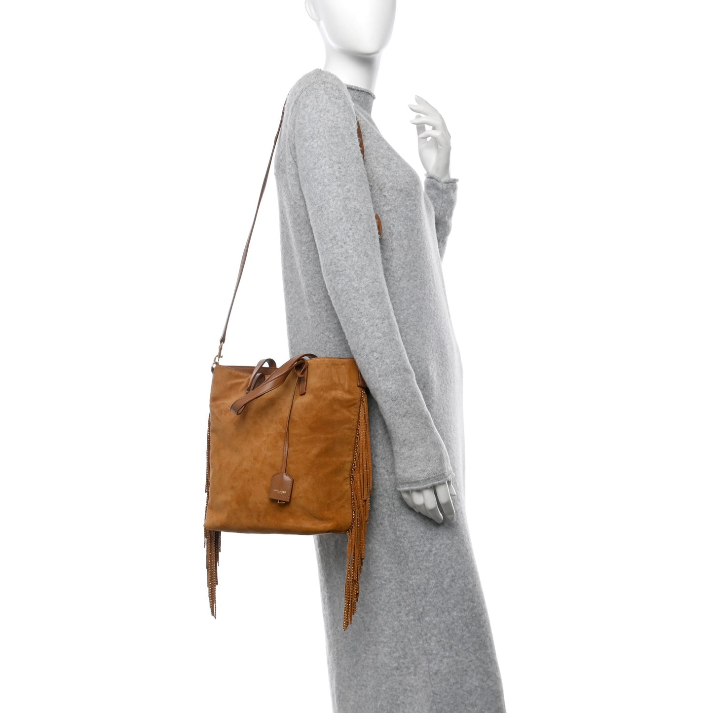 Suede Calfskin Studded Fringe Toy Shopping Tote Brown