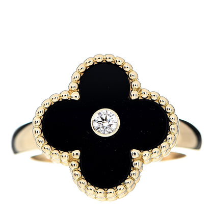Van Cleef & Arpels 18K Yellow Gold Black Onyx Diamond Vintage Alhambra Ring 52 6 1 of 6