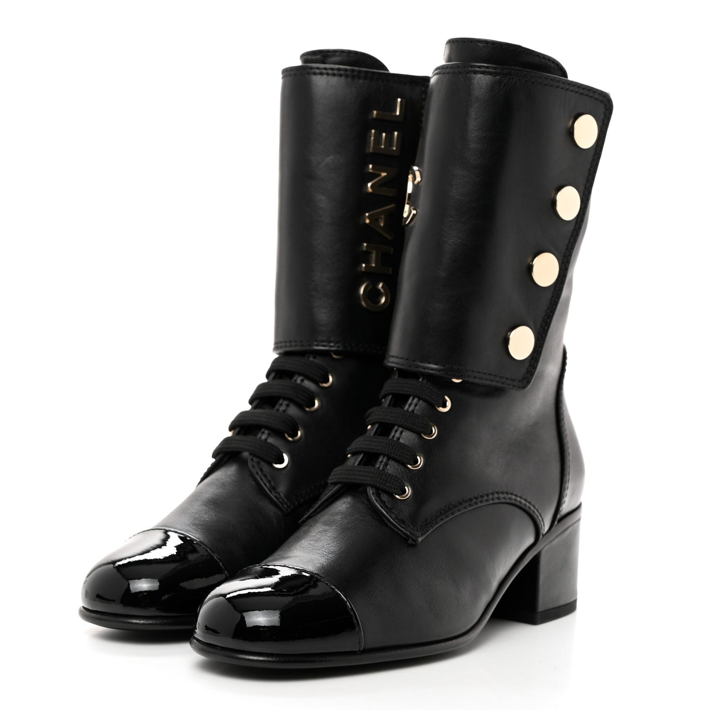 Calfskin Patent Cap Toe CC Lace Up Boots 38 Black