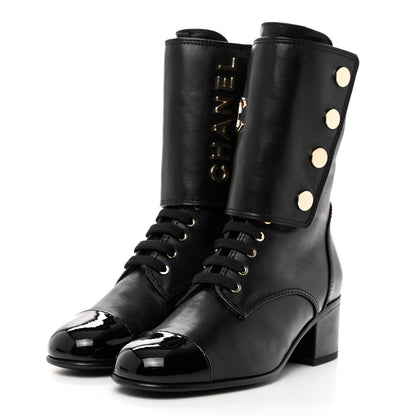 Chanel Calfskin Patent Cap Toe CC Lace Up Boots 38 Black 3 of 9