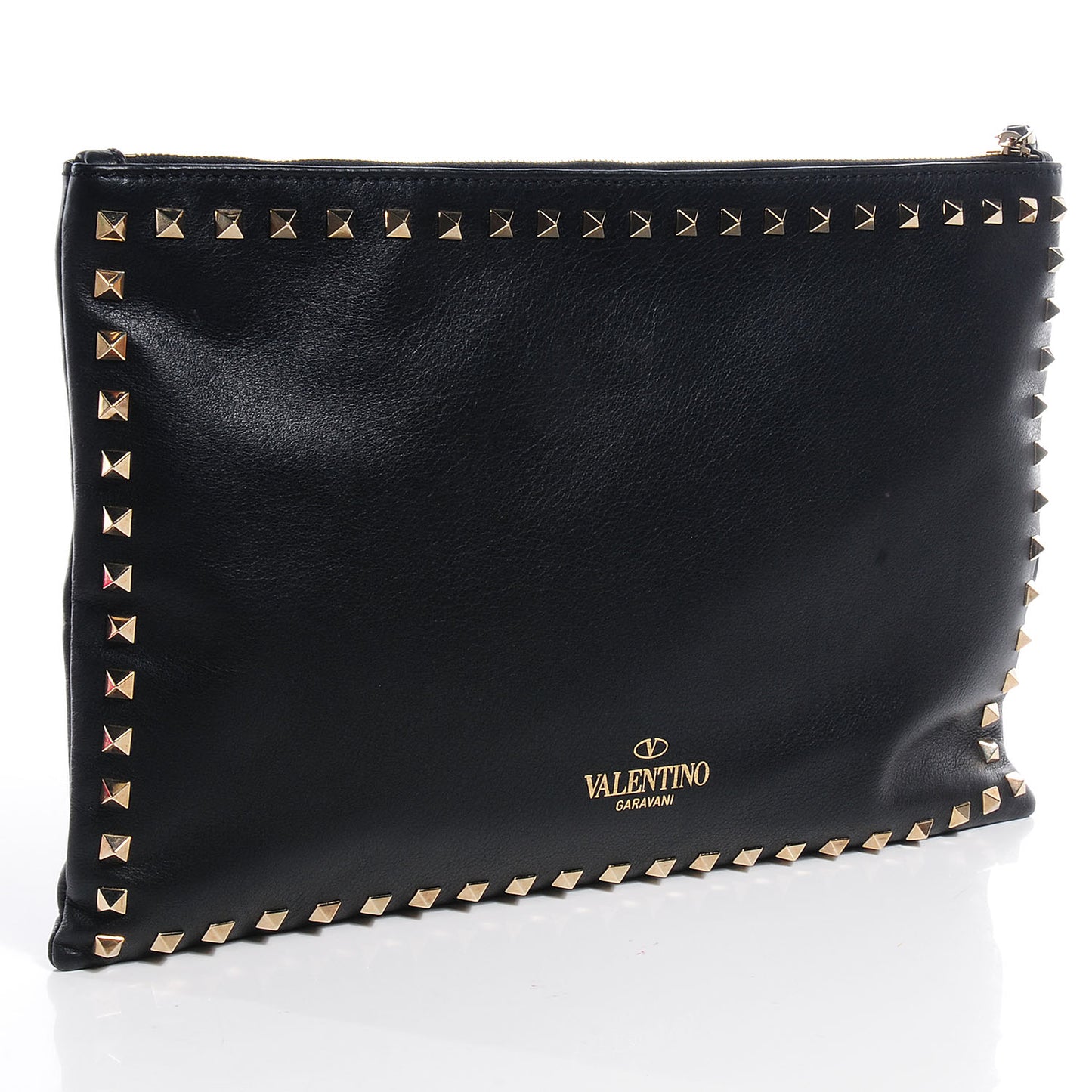 Vitello Large Rockstud Zip Wristlet Pouch Black