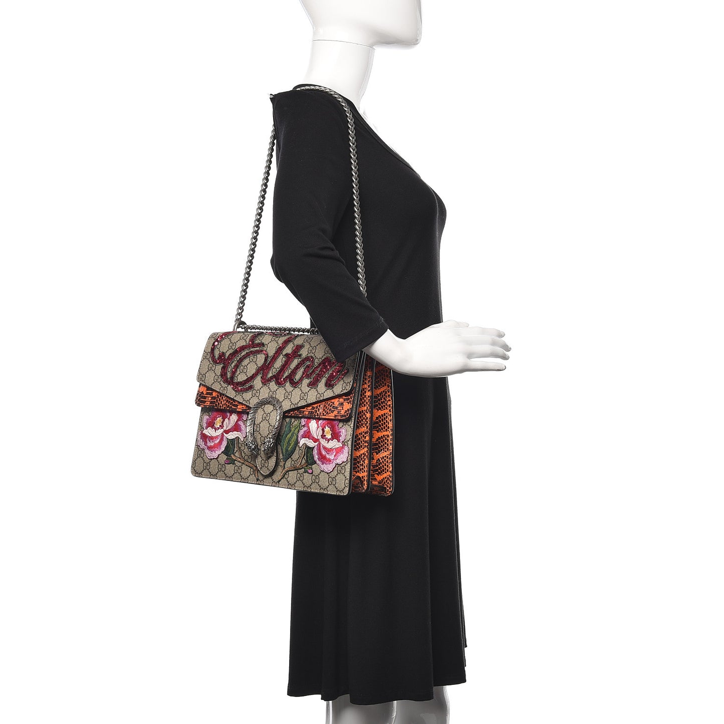 GG Supreme Monogram Snakeskin Elton Embroidered Medium Dionysus Shoulder Bag Beige Orange