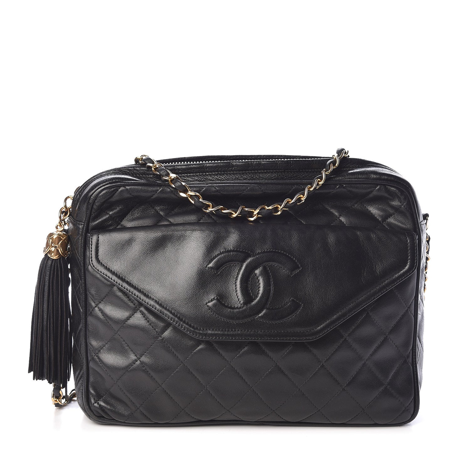 Lambskin Quilted Tassel Camera Case Black