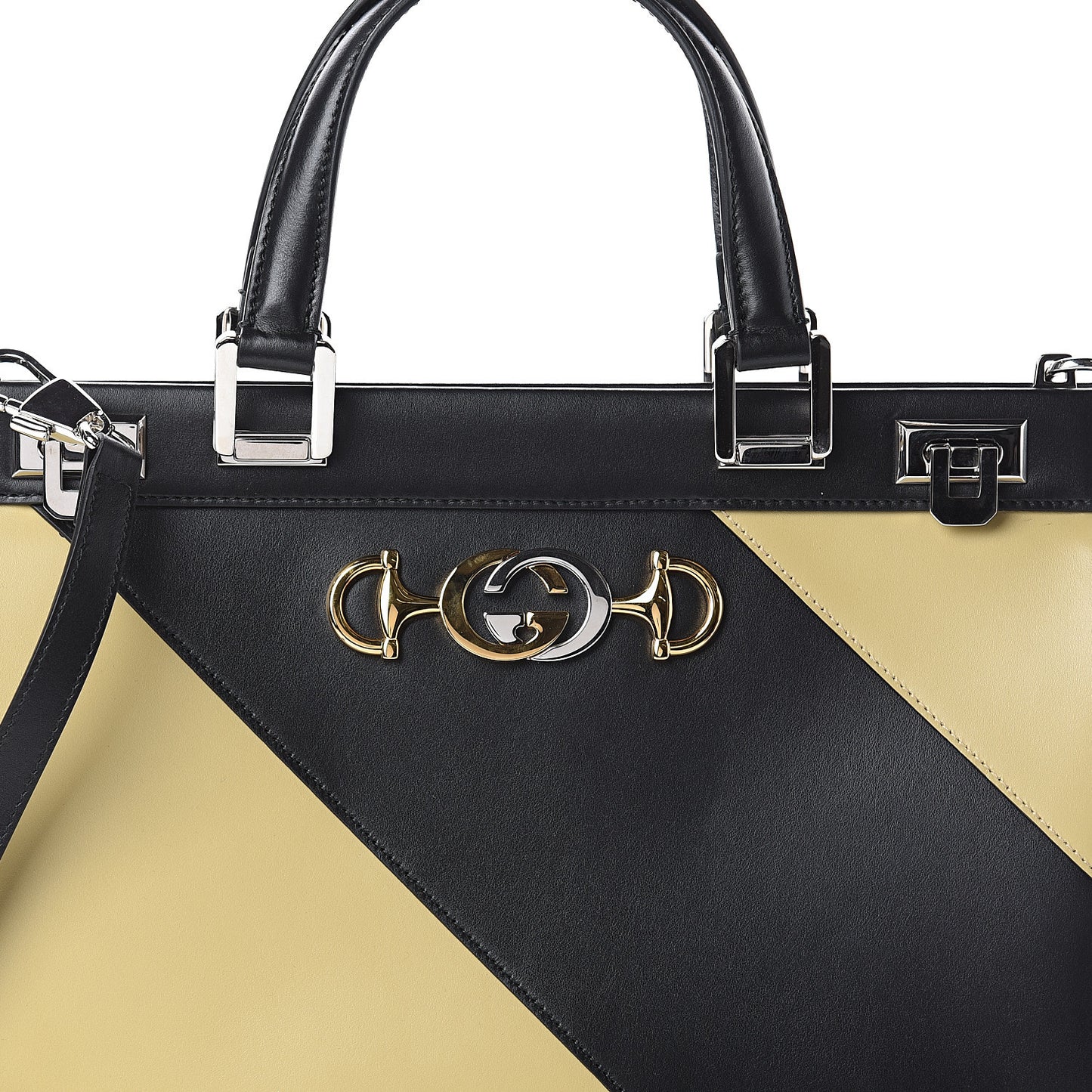 Smooth Calfskin Diagonal Striped Medium Zumi Top Handle Bag Black Beige