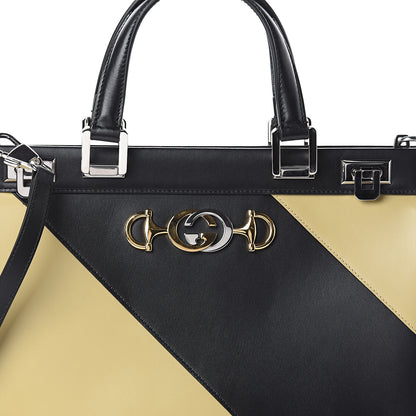 Gucci Smooth Calfskin Diagonal Striped Medium Zumi Top Handle Bag Black Beige 6 of 8