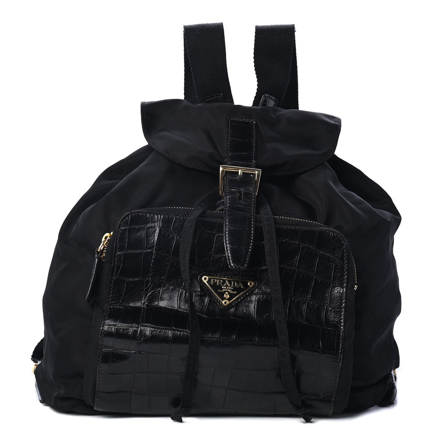 Tessuto Nylon Crocodile Embossed Calfskin Cinch Backpack Black