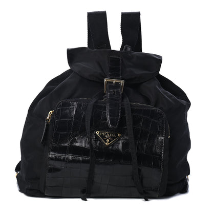 Prada Tessuto Nylon Crocodile Embossed Calfskin Cinch Backpack Black 1 of 5