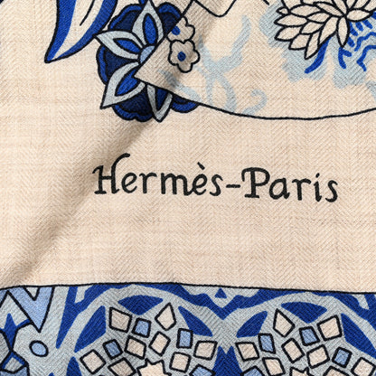 Hermes Cashmere Silk Fleurs et Papillons De Tissus Giant Triangle Scarf Naturel 2 of 4