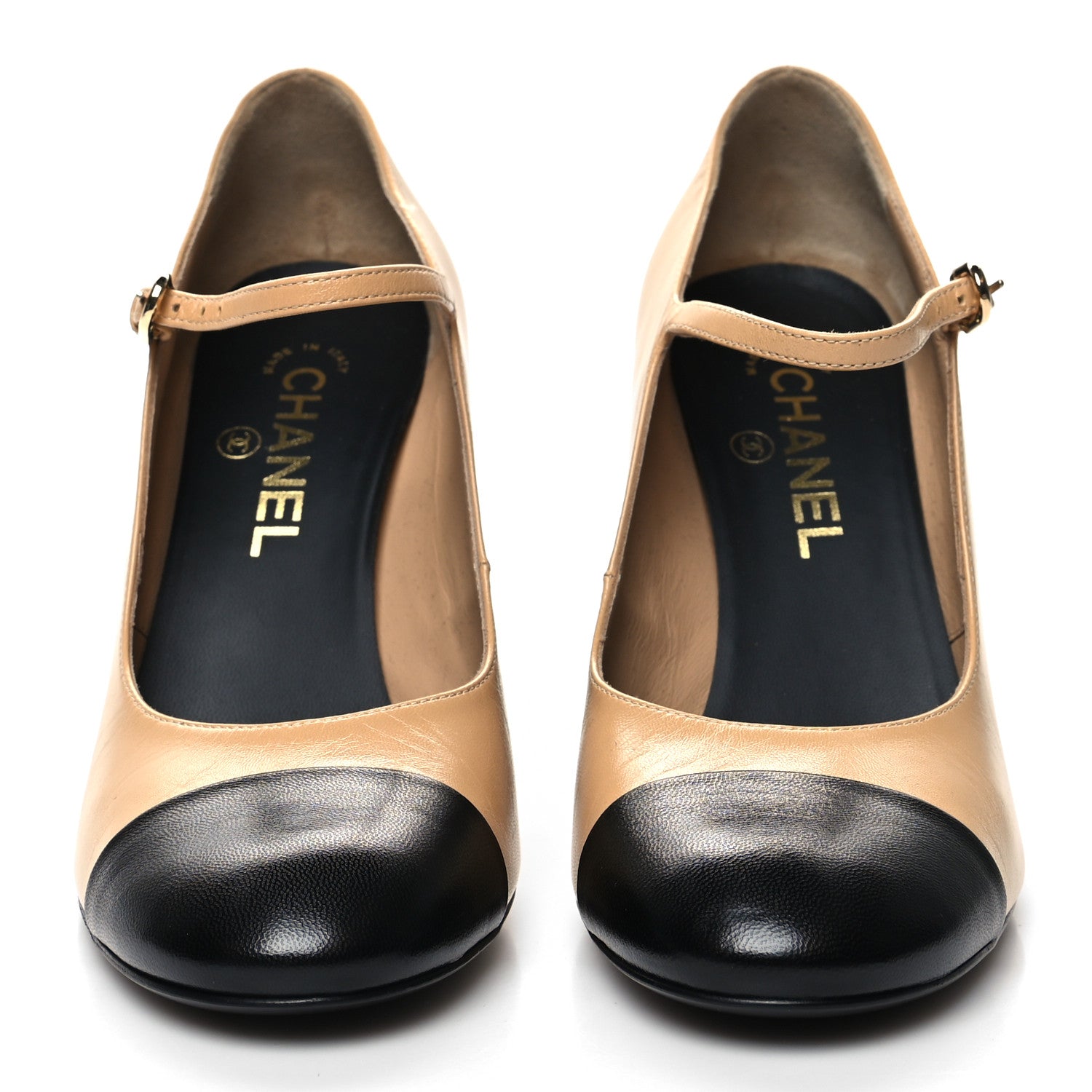 Chanel Shiny Goatskin Pearls Cap Toe Open Slingback Pumps 39 Beige Black 2 of 8