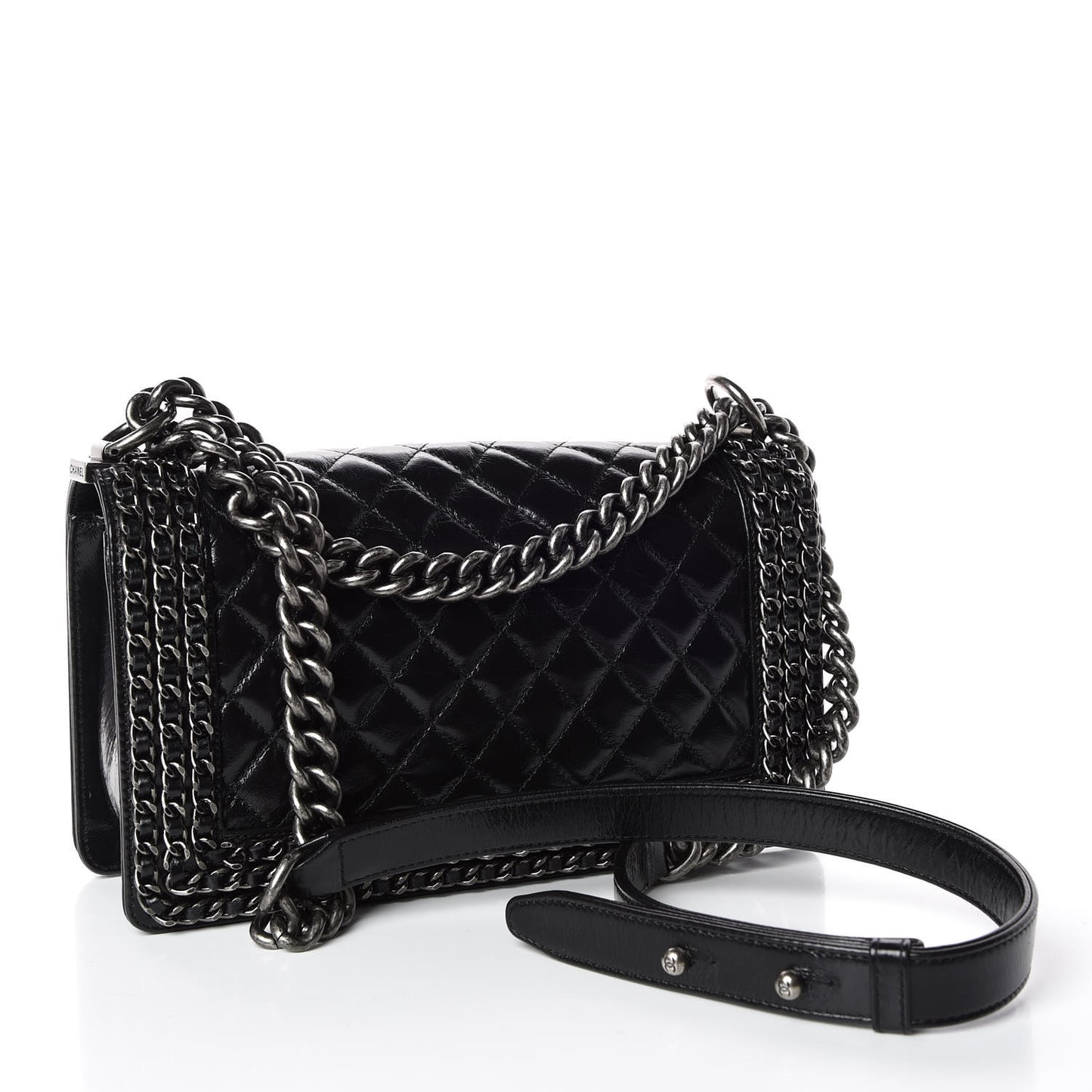 Glazed Calfskin Quilted Medium Boy Chained Flap Black