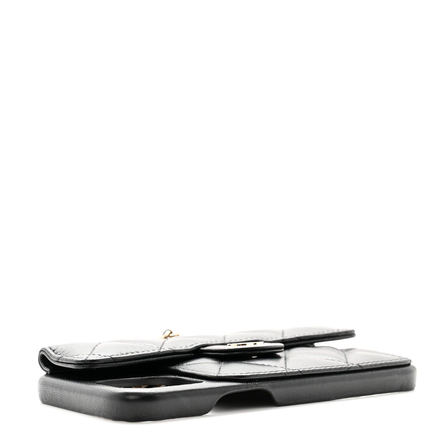 Lambskin Quilted Pearl Crush iPhone XII Pro Holder With Chain Black