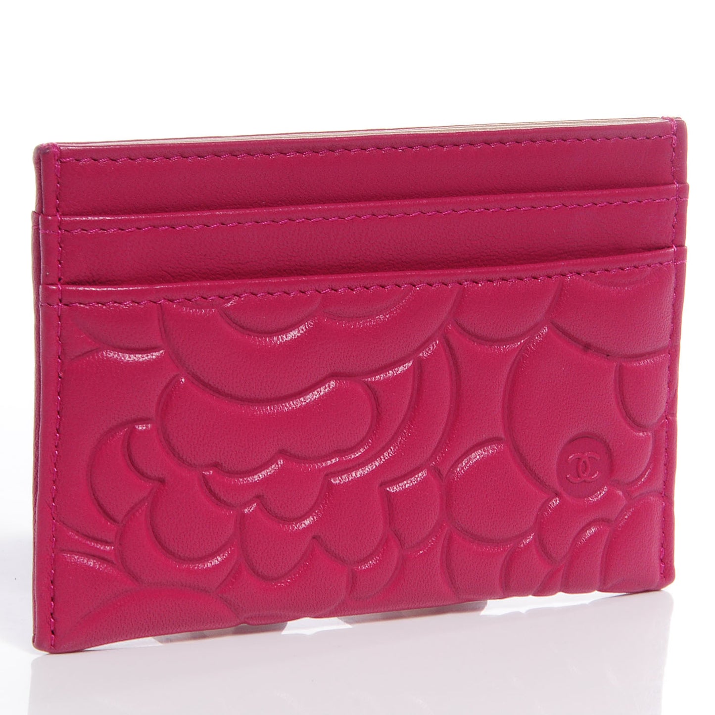 Lambskin Camellia Card Holder Fuchsia