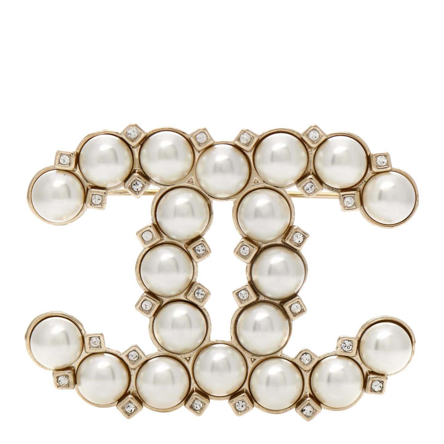 Pearl Crystal CC Brooch White Gold