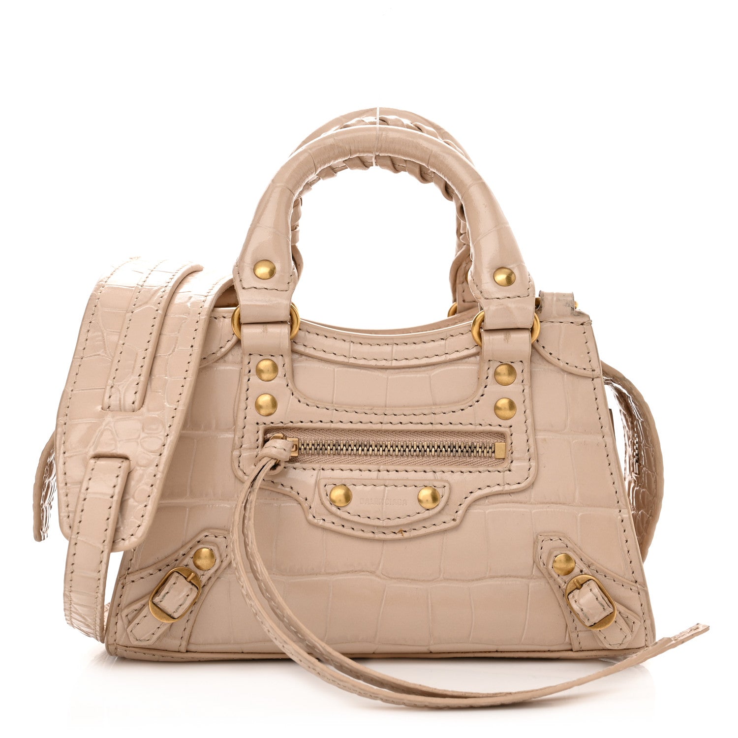 Balenciaga Shiny Supple Calfskin Crocodile Embossed Neo Classic Gold Hardware Nano City Crossbody Light Beige 1 of 10