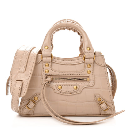 Balenciaga Shiny Supple Calfskin Crocodile Embossed Neo Classic Gold Hardware Nano City Crossbody Light Beige 1 of 10