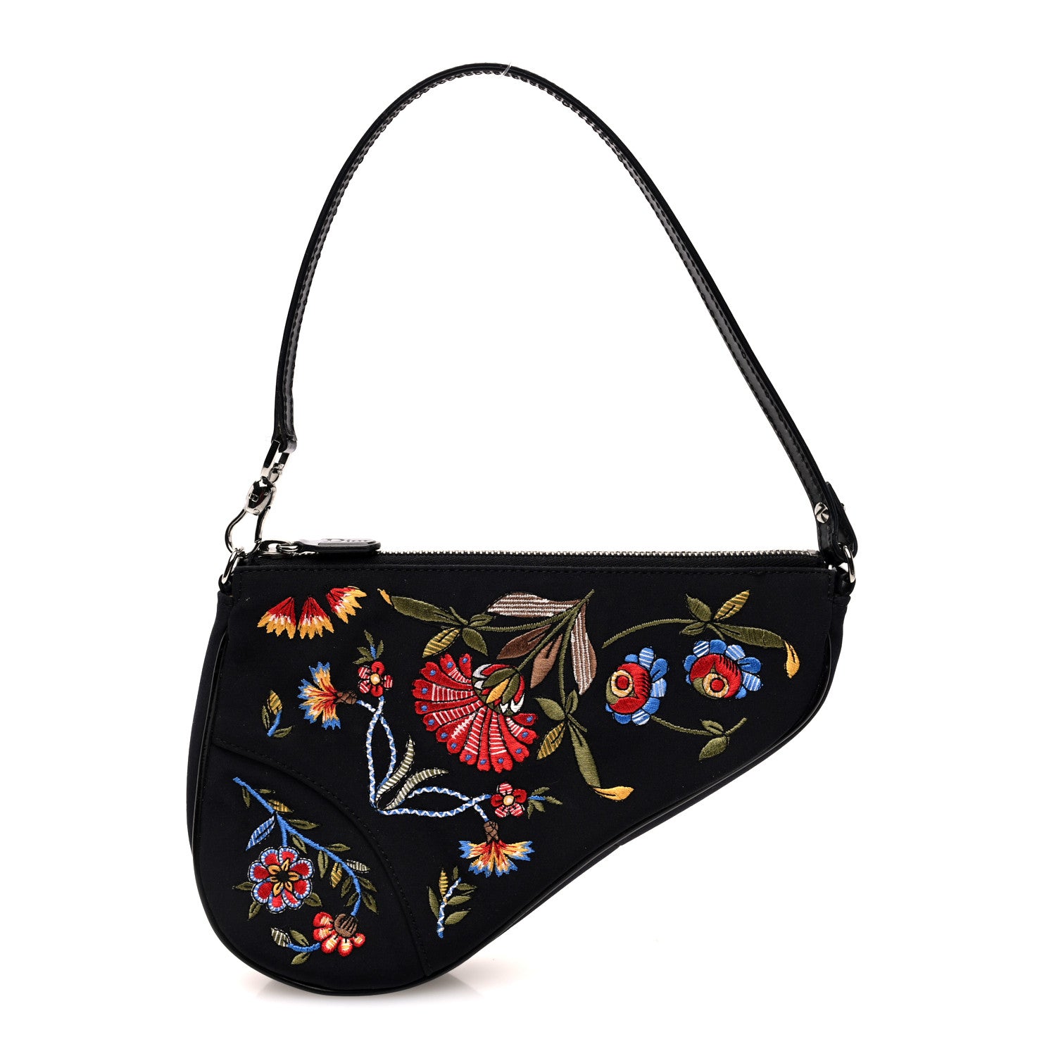 Christian Dior Satin Embroidered Floral Mini Saddle Pochette Bag Black 1 of 10