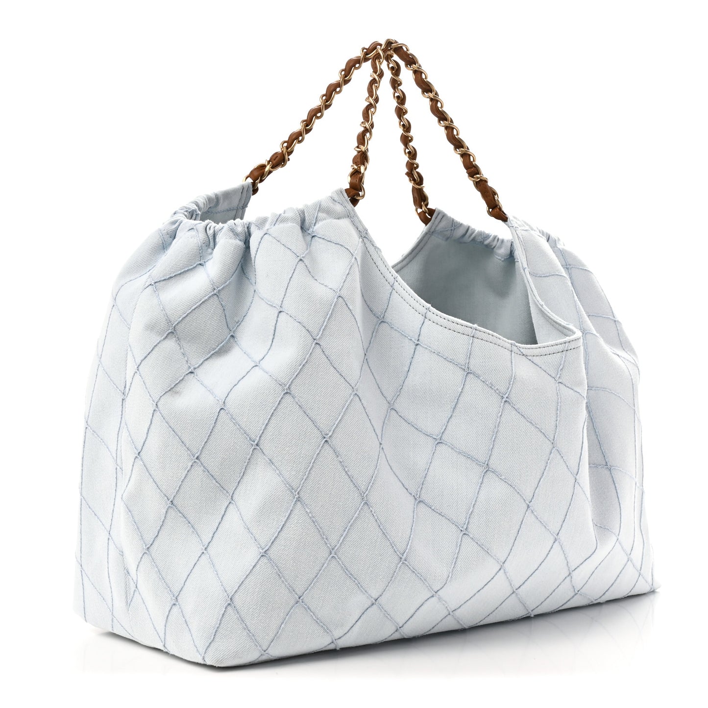 Denim Calfskin Quilted Coco Beach Small Shopping Tote Light Blue Brown