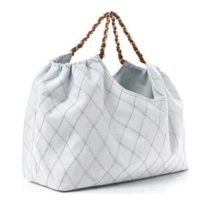 Chanel Denim Calfskin Quilted Coco Beach Small Shopping Tote Light Blue Brown 4 of 11