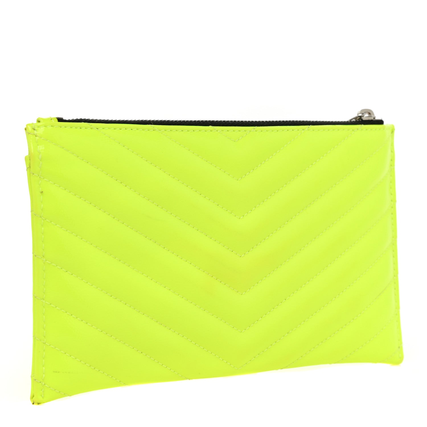 Saint Laurent Patent Grain De Poudre Matelasse Chevron Monogram Bill Pouch Neon Yellow 3 of 13