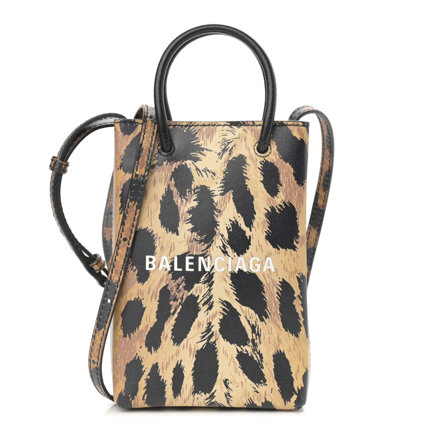 Balenciaga Smooth Calfskin Leopard Print Logo Shopping Phone Holder Bag Beige Black 1 of 10