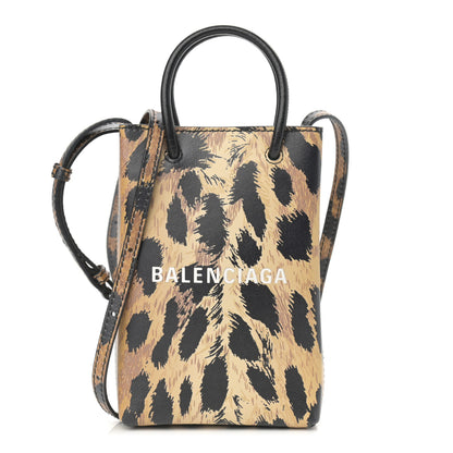 Balenciaga Smooth Calfskin Leopard Print Logo Shopping Phone Holder Bag Beige Black 1 of 10