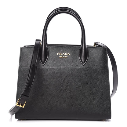 Prada Saffiano City Calfskin Small Bibliothèque Top Handle Black Begonia 1 of 10