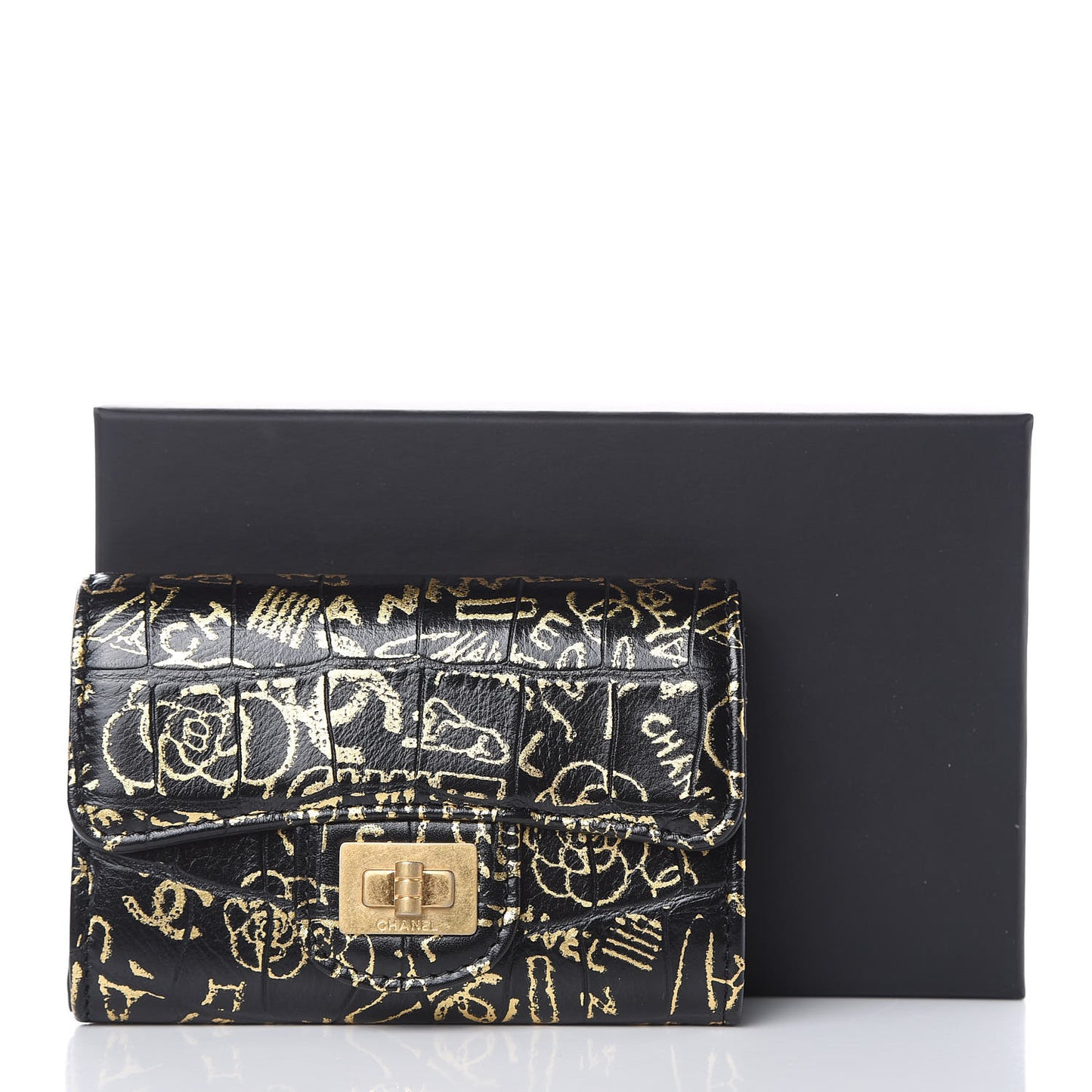Calfskin Crocodile Embossed Graffiti Reissue Card Holder Wallet Black Gold