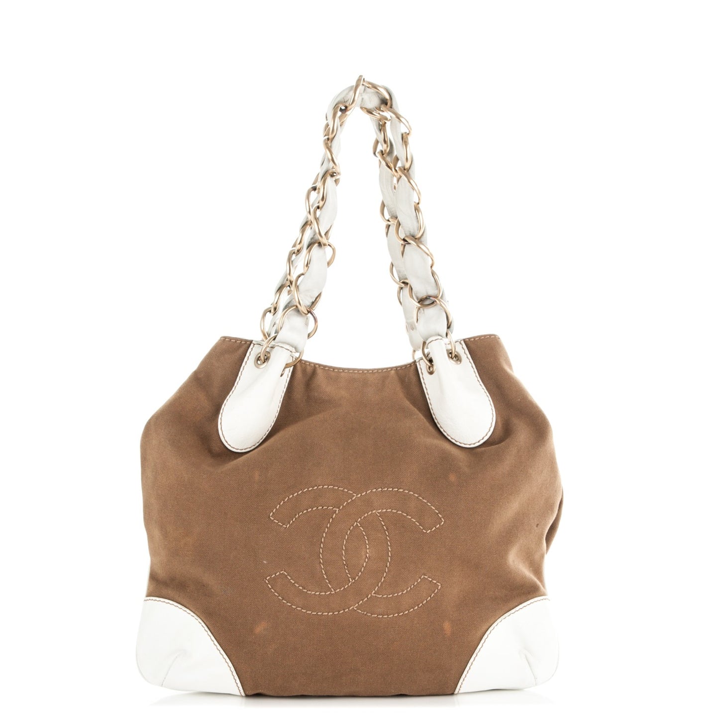 Canvas Calfskin CC Tote Brown White