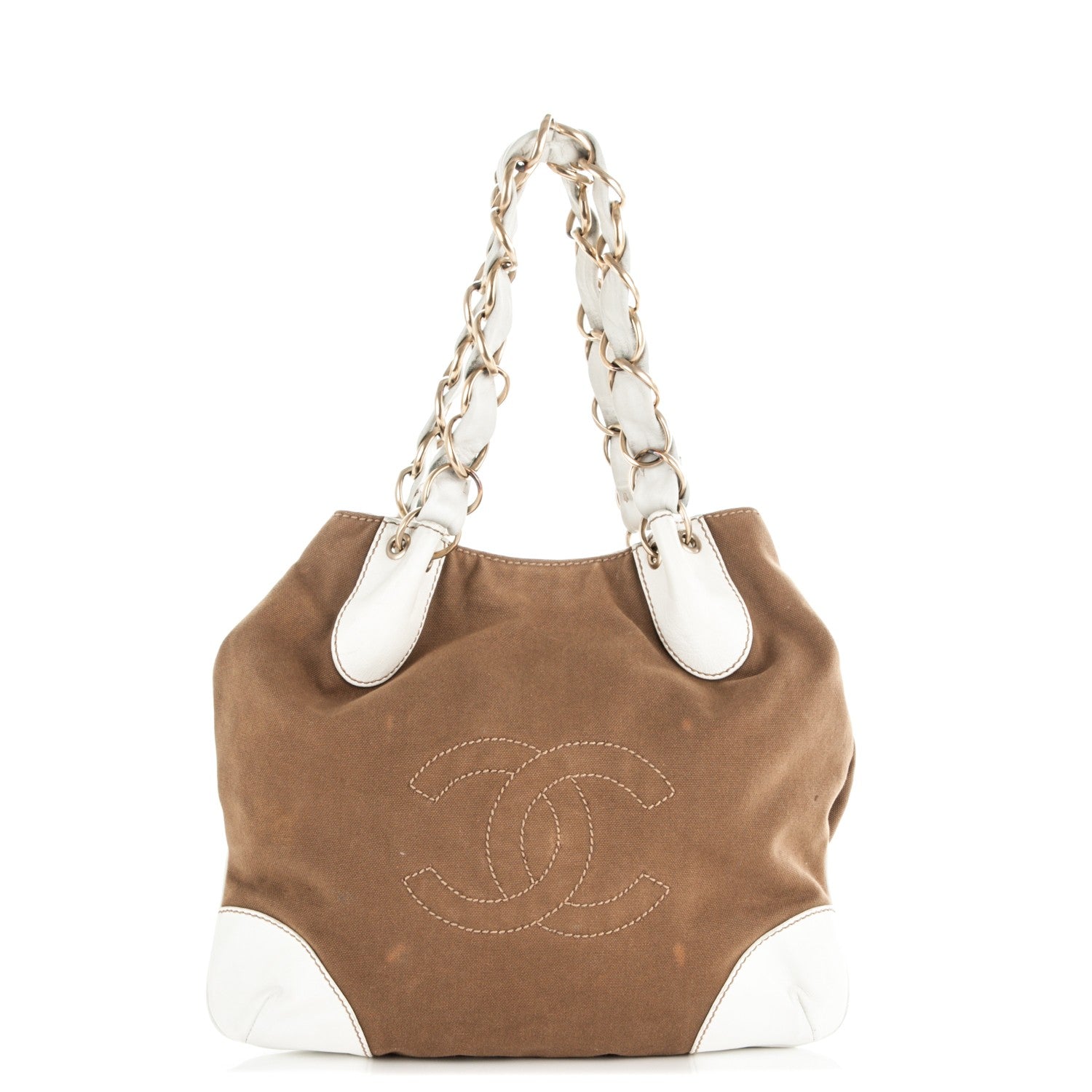 Chanel Canvas Calfskin CC Tote Brown White 1 of 6
