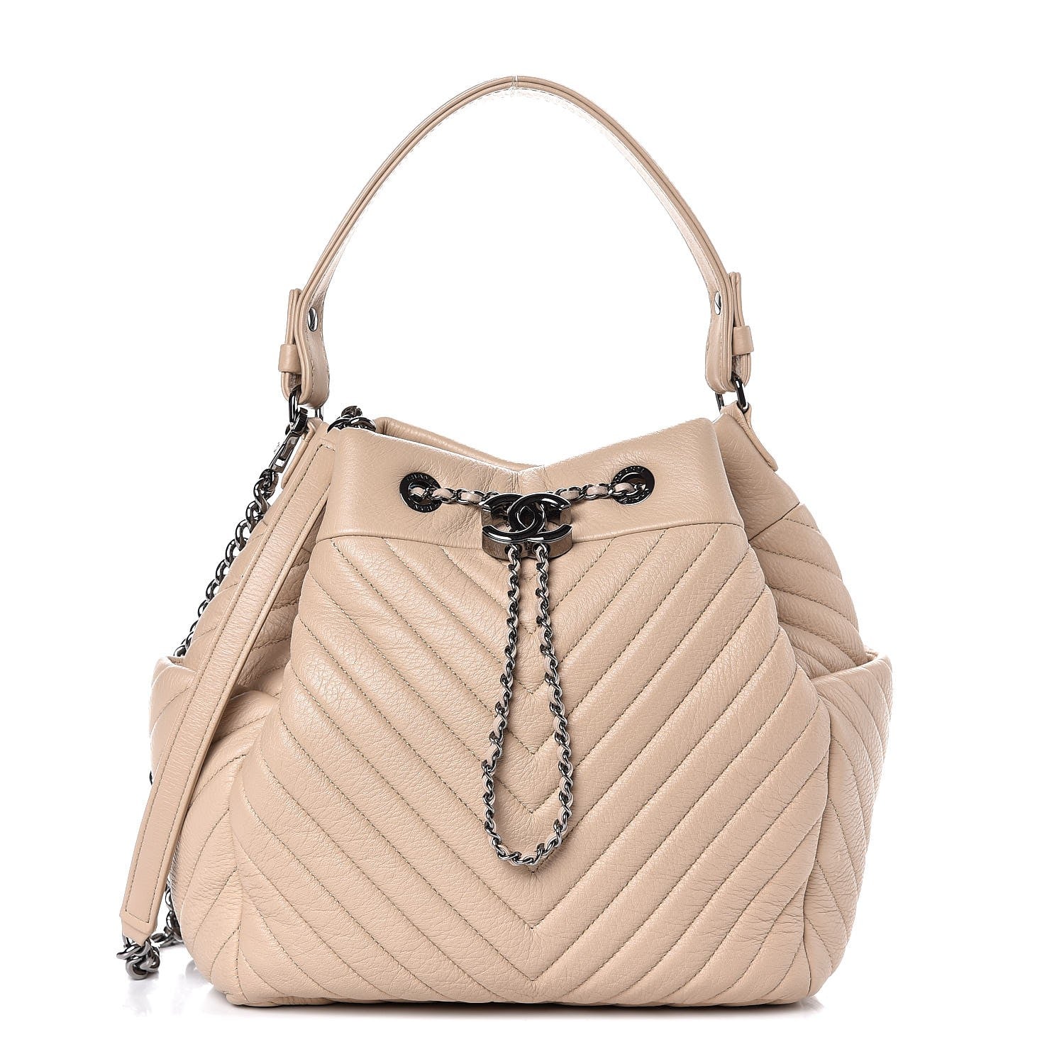 Chanel Deerskin Chevron Medium CC Chain Bucket Drawstring Bag Beige 1 of 8