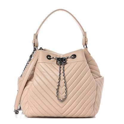 Chanel Deerskin Chevron Medium CC Chain Bucket Drawstring Bag Beige 1 of 8