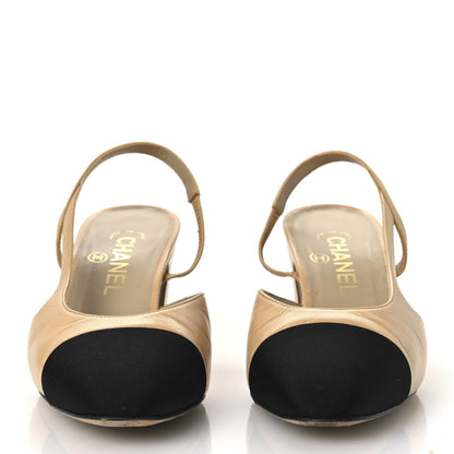 Chanel Goatskin Grosgrain Cap Toe CC Slingback Pumps 38.5 Beige Black 3 of 14