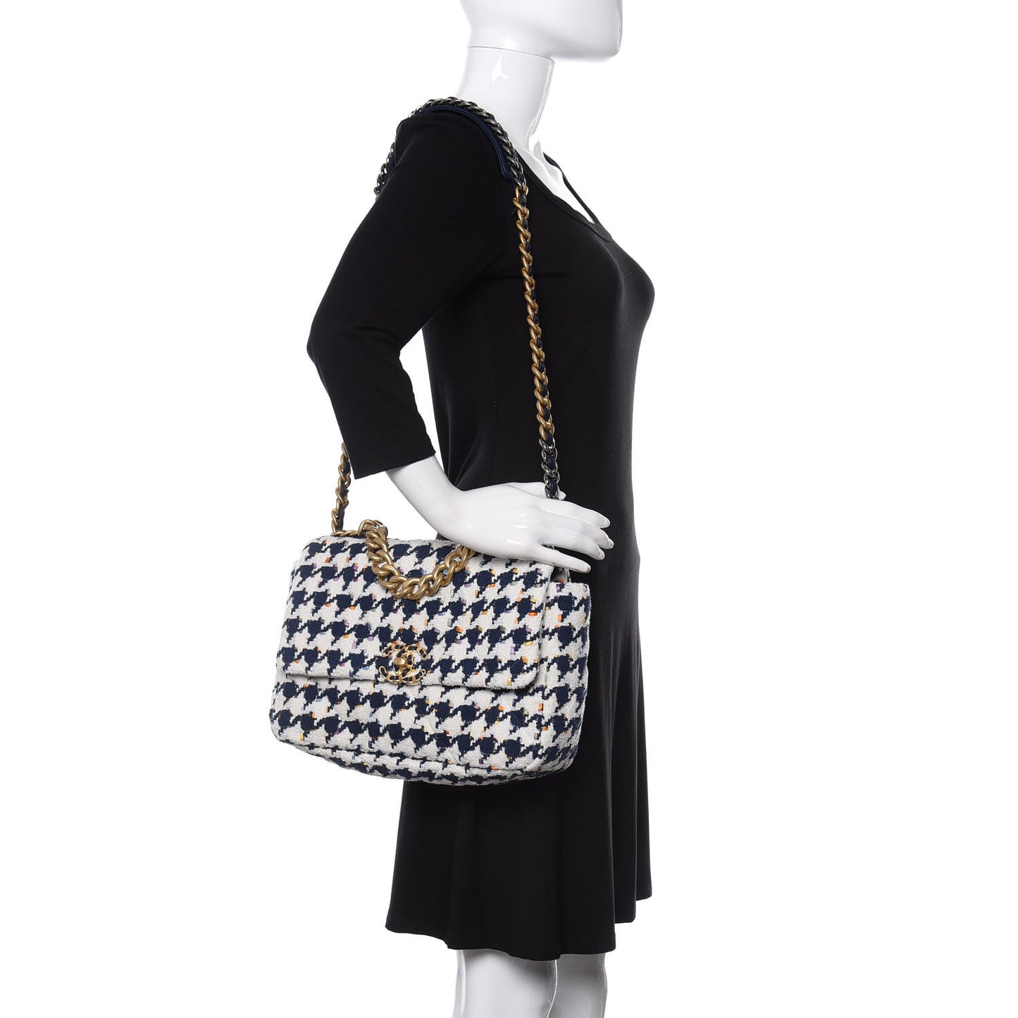 Tweed Quilted Large 19 Flap Ecru Navy Blue Multicolor
